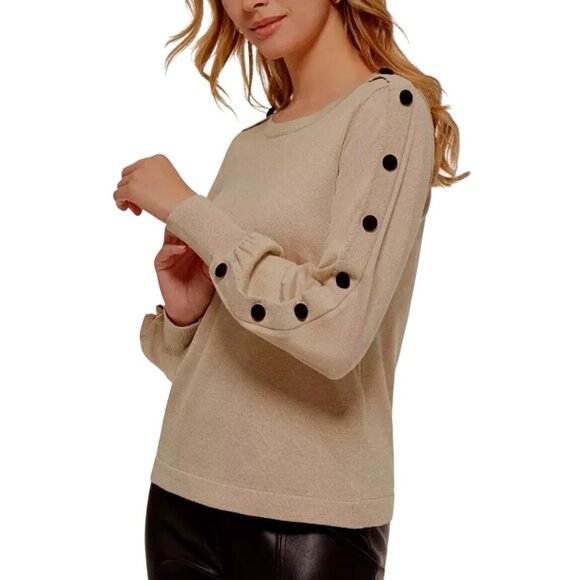 Karl Lagerfeld Gold Metallic Sweater Featuring Scalloped Puff Button Sleeves XS - Picture 1 of 10